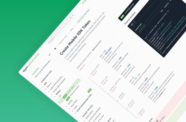 "User-friendly UI design for Amazon Payment Services documentation site focused on payment integration."